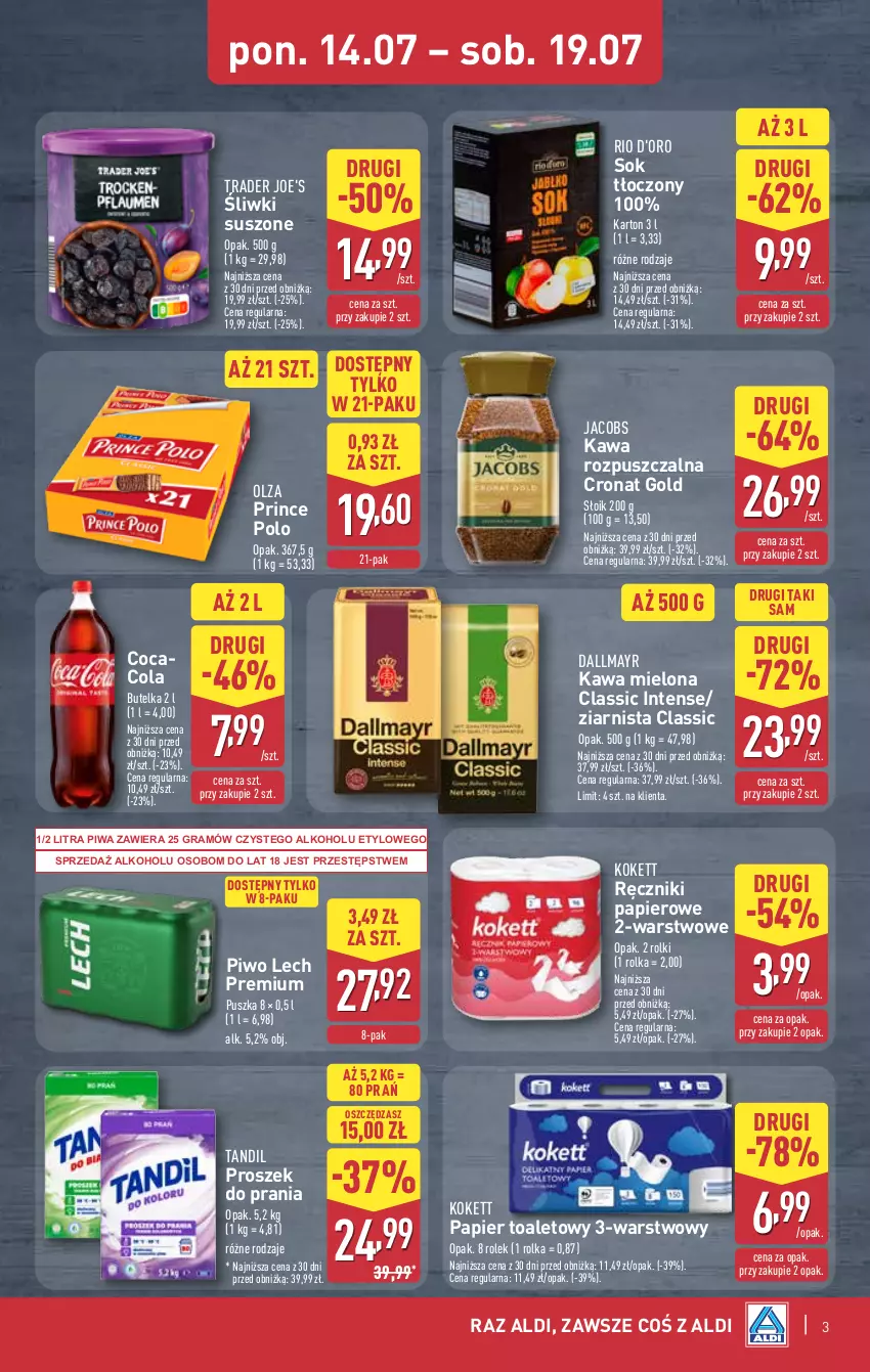 Gazetka promocyjna Aldi - Oferta weekendowa - ważna 17.07 do 19.07.2025 - strona 3 - produkty: Dallmayr, Gra, Jacobs, Kawa, Kawa mielona, Kawa rozpuszczalna, Lech Premium, Papier, Papier toaletowy, Piwa, Piwo, Prince Polo, Proszek do prania, Ręcznik, Ręczniki papierowe, Rolki, Sok