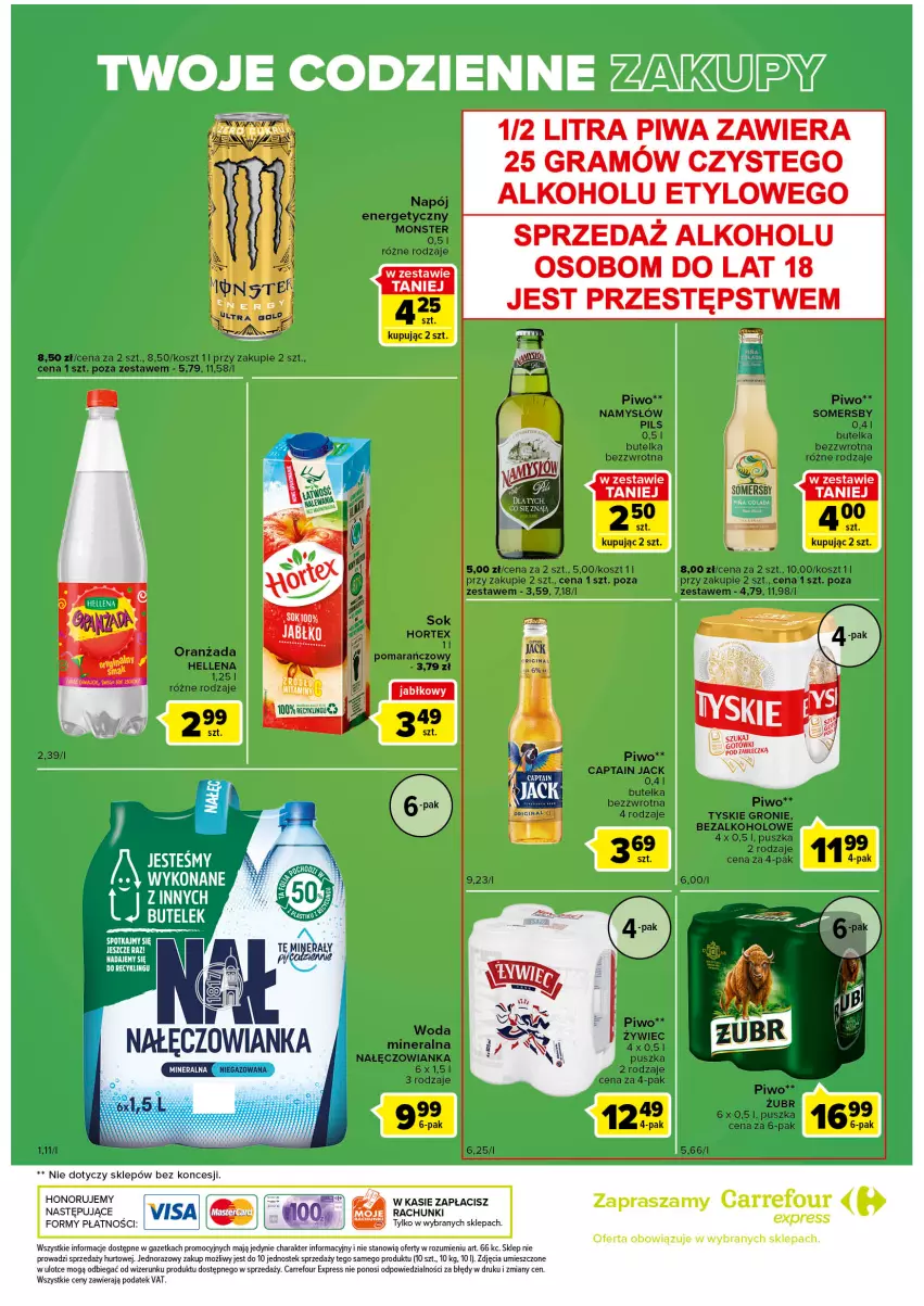 Gazetka promocyjna Carrefour - Gazetka Express - ważna 02.08 do 08.08.2022 - strona 6 - produkty: Captain Jack, Gra, Hellena, Hortex, Kosz, Nałęczowianka, Namysłów, Oranżada, Piwa, Piwo, Sok, Somersby, Stek, Tyskie, Woda