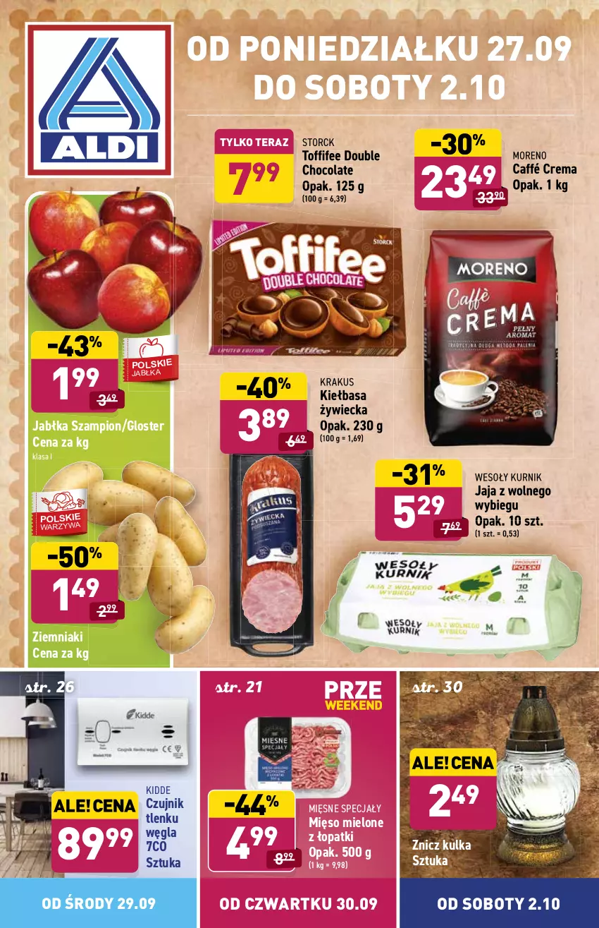 Gazetka promocyjna Aldi - ważna 27.09 do 02.10.2021 - strona 1 - produkty: Jabłka, Jaja, Jaja z wolnego wybiegu, Kiełbasa, Krakus, Mięsne specjały, Mięso, Mięso mielone, Szampion, Tera, Toffifee, Ziemniaki, Znicz