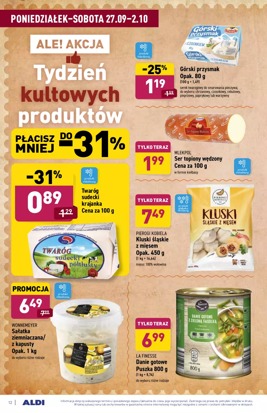 Gazetka promocyjna Aldi - ważna 27.09 do 02.10.2021 - strona 12 - produkty: Chrzan, Danie gotowe, Mięso, Piec, Pieprz, Pierogi, Sałat, Sałatka, Ser, Ser topiony, Serek, Serek twarogowy, Tera, Top, Twaróg, Wołowina