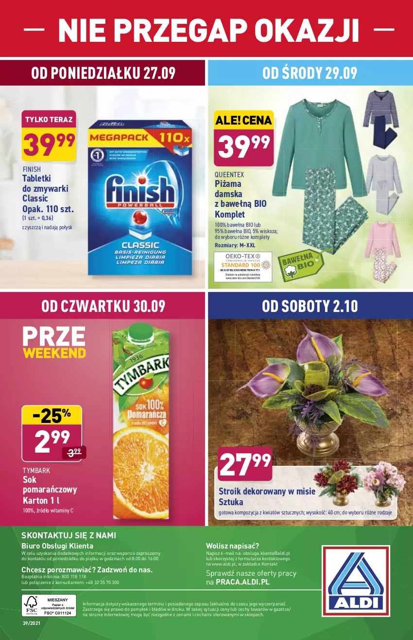 Gazetka promocyjna Aldi - ważna 27.09 do 02.10.2021 - strona 38 - produkty: Biuro, Finish, O nas, Piżama, Por, Queentex, Sok, Sok pomarańczowy, Tablet, Tabletki do zmywarki, Tera, Tymbark, Wełna, Zmywarki