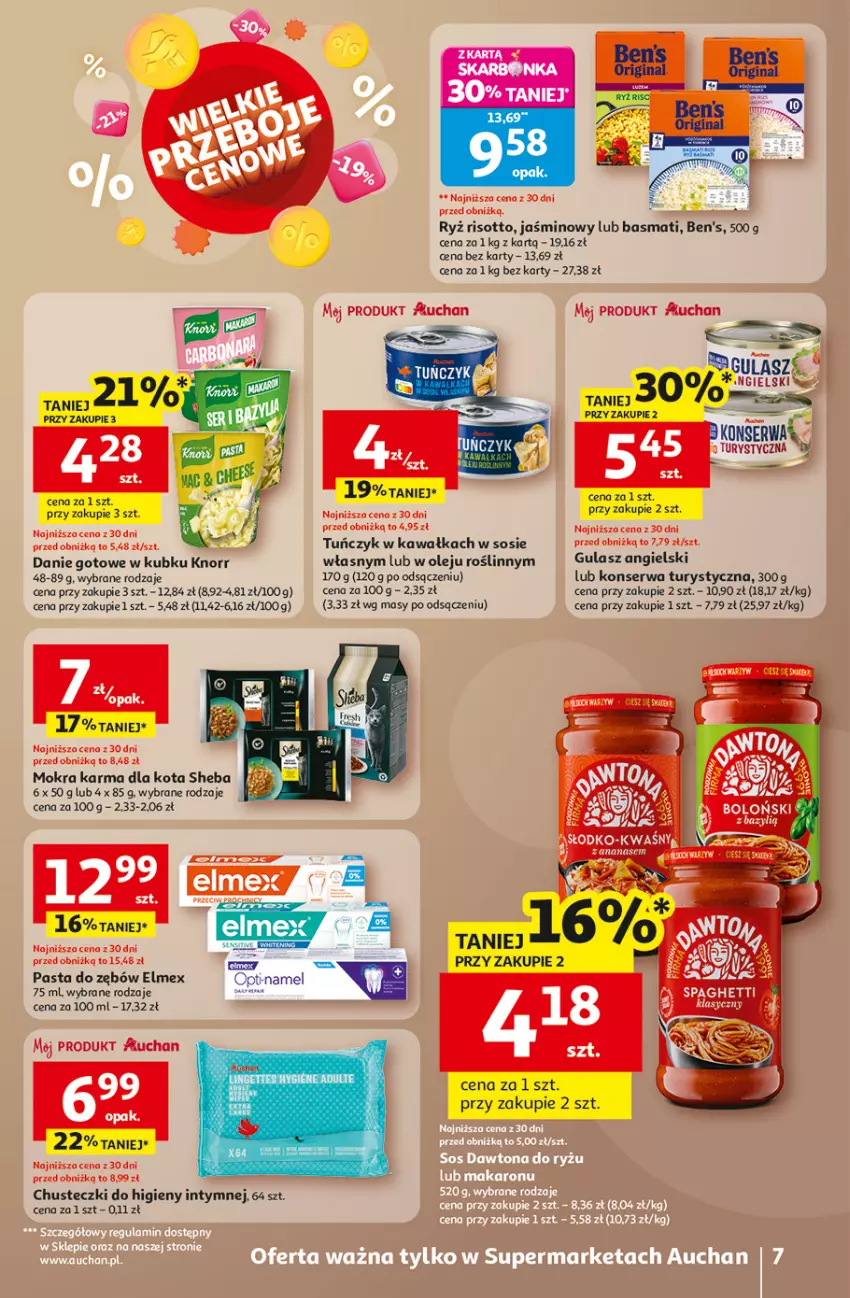 Gazetka promocyjna Auchan - Gazetka Wielkie Przeboje Cenowe Supermarket Auchan - ważna 02.01 do 07.01.2026 - strona 7 - produkty: Bazyl, Chusteczki, Chusteczki do higieny, Danie gotowe, Elmex, Kawa, Knorr, Konserwa turystyczna, Mokra karma, Olej, Pasta do zębów, Ryż, Ser, Sheba, Sos, Spaghetti, Tuńczyk
