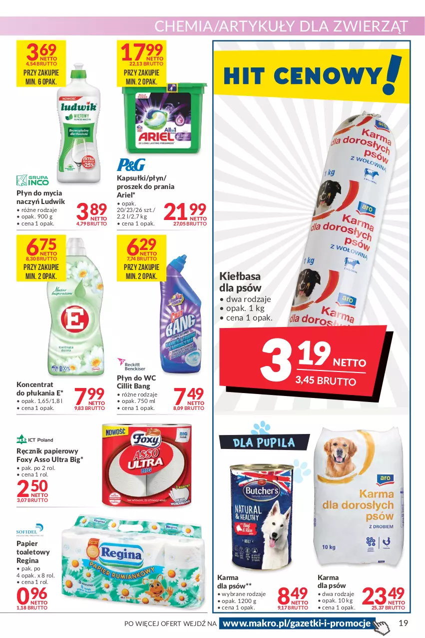 Gazetka promocyjna Makro - [Oferta promocyjna] Artykuły spożywcze i przemysłowe - ważna 08.02 do 21.02.2022 - strona 19 - produkty: Ariel, Cillit Bang, Do mycia naczyń, Foxy, Gin, Kiełbasa, Ludwik, Papier, Papier toaletowy, Płyn do mycia, Płyn do mycia naczyń, Płyn do wc, Proszek do prania, Ręcznik