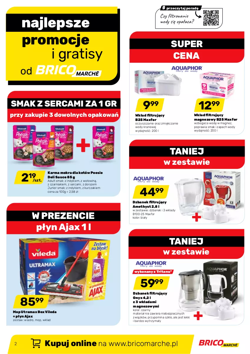 Gazetka promocyjna Bricomarche - Gazetka - ważna 02.02 do 19.02.2022 - strona 2 - produkty: Ajax, Dorsz, Dzbanek, Dzbanek filtrujący, Gra, Karma mokra dla kotów, Kurczak, Magnez, Mop, Piec, Por, Rama, Ser, Vileda, Wiadro, Wkład filtrujący