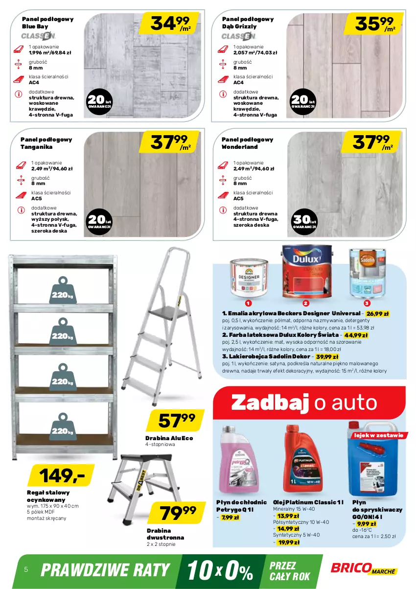 Gazetka promocyjna Bricomarche - Gazetka - ważna 02.02 do 19.02.2022 - strona 5 - produkty: Beckers, Cynk, Drabina, Dulux, Fa, Farba lateksowa, Lakier, Olej, Panel podłogowy, Płyn do chłodnic, Płyn do spryskiwaczy, Por, Regał, Sok, Top