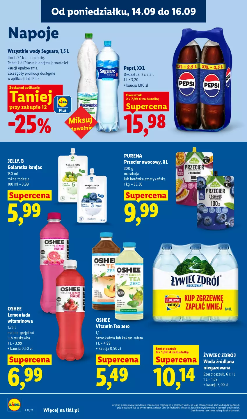 Gazetka promocyjna Lidl - Gazetka ważna od 14.09 do 16.09 - ważna 14.09 do 16.09.2026 - strona 58 - produkty: Borówka, Borówka amerykańska, Gala, Galaretka, Grejpfrut, Kaktus, LANA, Lemoniada, Mięta, Napoje, Oshee, Pepsi, Pur, Woda