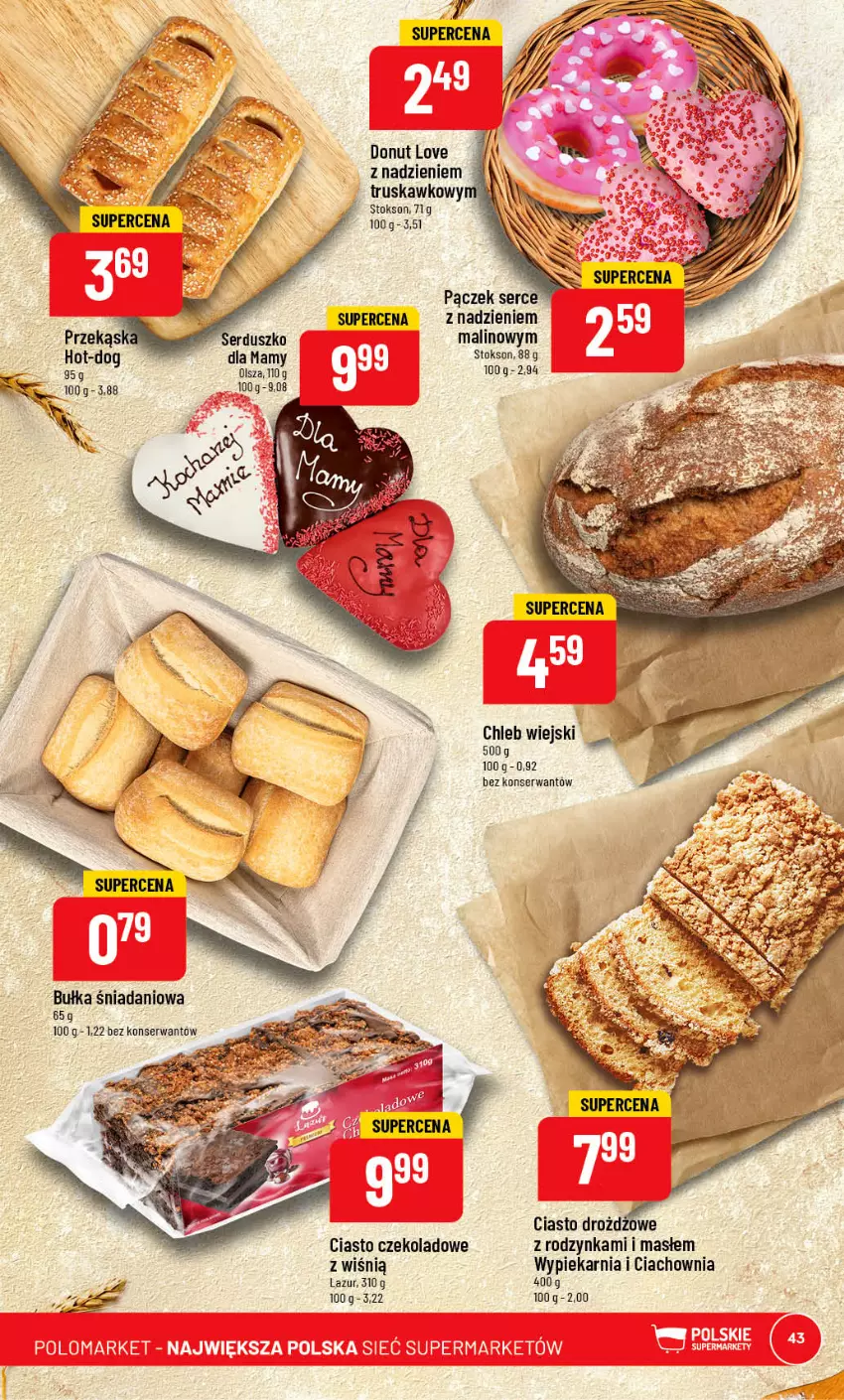 Gazetka promocyjna PoloMarket - Gazetka pomocyjna - ważna 24.05 do 30.05.2023 - strona 43 - produkty: Bułka, Chleb, Ciasto czekoladowe, Danio, Donut, Lazur, Pączek, Ser