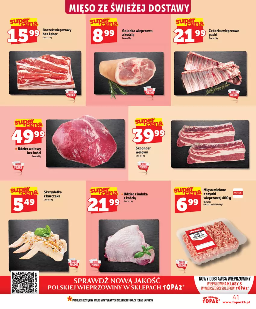 Gazetka promocyjna Topaz - Gazetka - ważna 28.05 do 03.06.2026 - strona 41 - produkty: Boczek, Boczek wieprzowy, Golonka wieprzowa, Mięso, Mięso mielone, Olewnik, Top, Udziec wołowy
