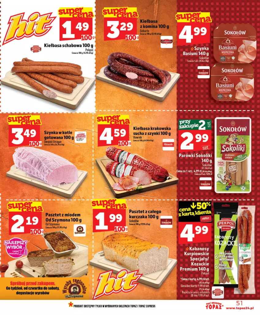 Gazetka promocyjna Topaz - Gazetka - ważna 28.05 do 03.06.2026 - strona 51 - produkty: Kabanos, Kiełbasa, Kiełbasa schabowa, Pekpol, Sok, Sokołów, Top