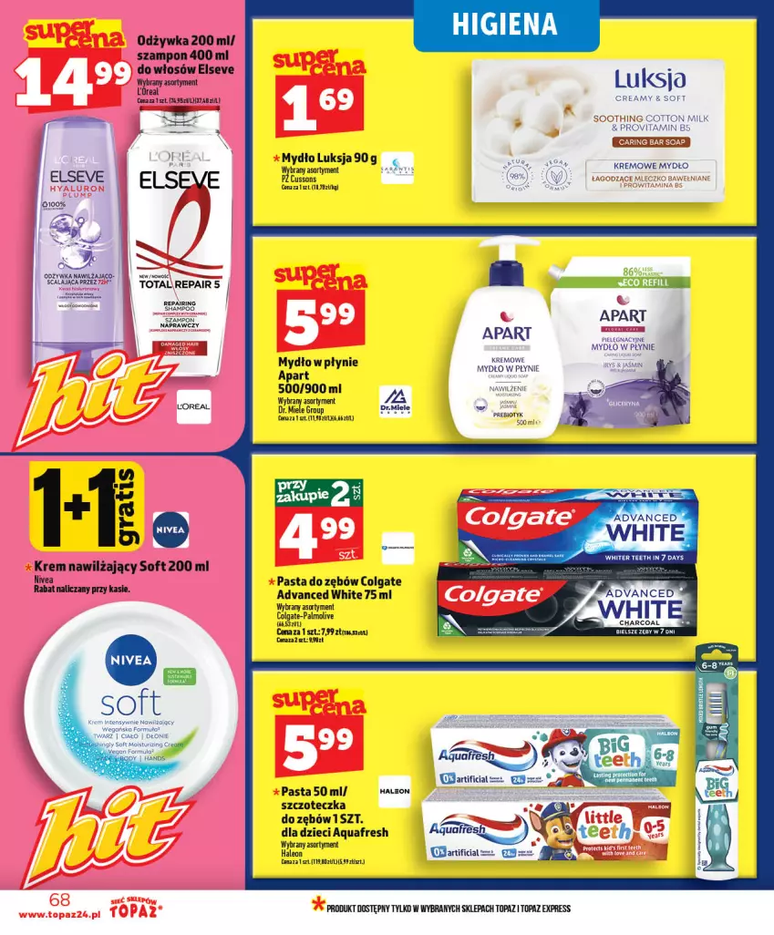 Gazetka promocyjna Topaz - Gazetka - ważna 28.05 do 03.06.2026 - strona 68 - produkty: Aquafresh, Colgate, Dzieci, Elseve, Krem nawilżający, Leon, LG, Luksja, Mydło, Mydło w płynie, Nivea, Odżywka, Palmolive, Pasta do zębów, Szczoteczka, Szczoteczka do zębów, Top