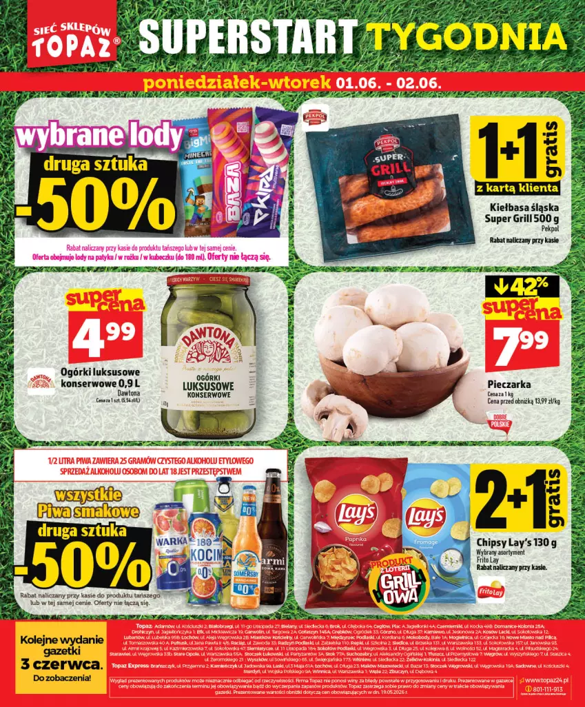 Gazetka promocyjna Topaz - Gazetka - ważna 28.05 do 03.06.2026 - strona 74 - produkty: Chipsy, Dawtona, Grill, Kiełbasa, Kiełbasa śląska, Ogórki konserwowe, Olej, Pekpol, Piec, Pieczarka, Ser