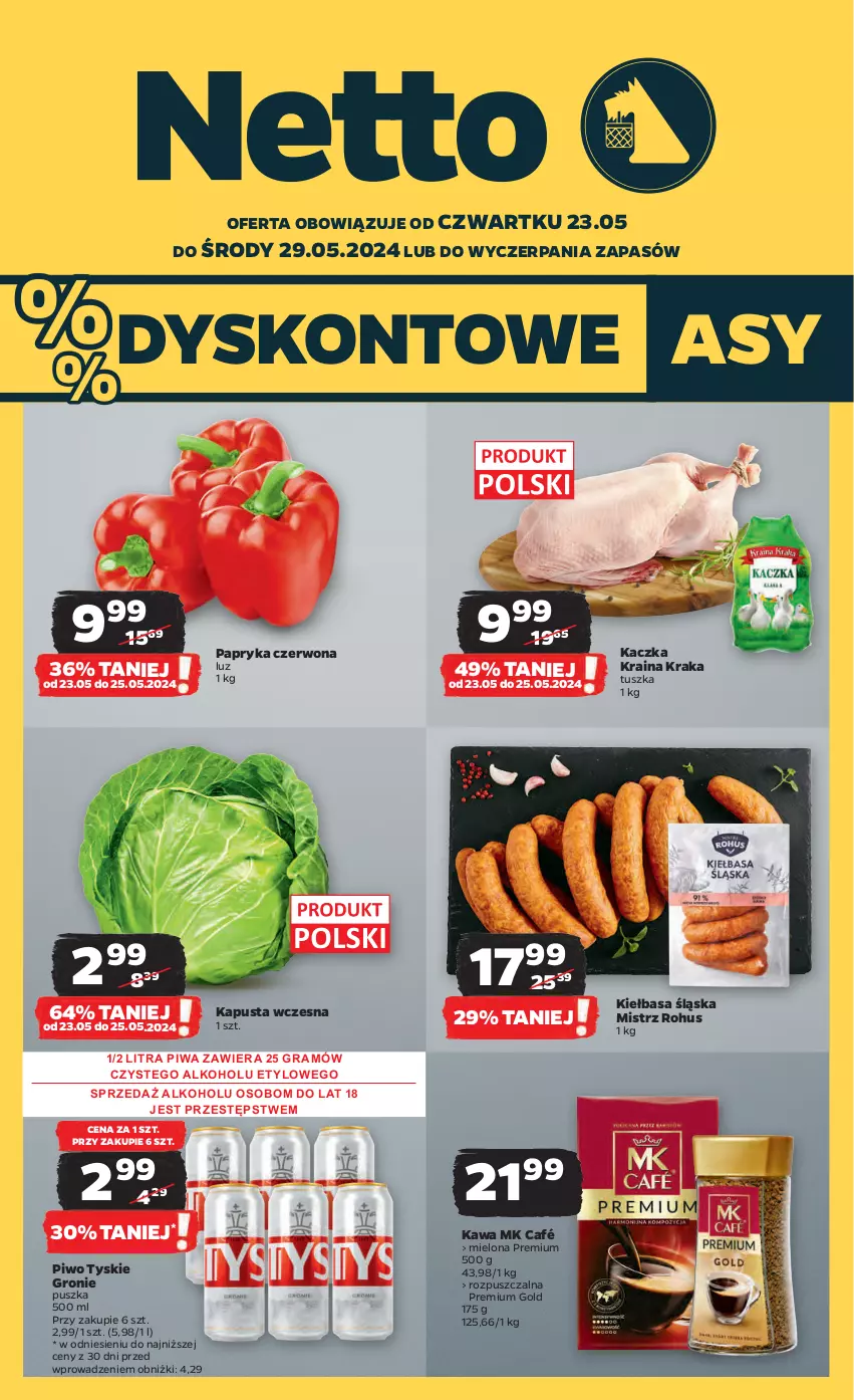 Gazetka promocyjna Netto - Artykuły spożywcze - ważna 23.05 do 29.05.2024 - strona 1 - produkty: Gra, Kaczka, Kawa, Kiełbasa, Kiełbasa śląska, Papryka, Papryka czerwona, Piwa, Piwo, Tusz, Tyskie