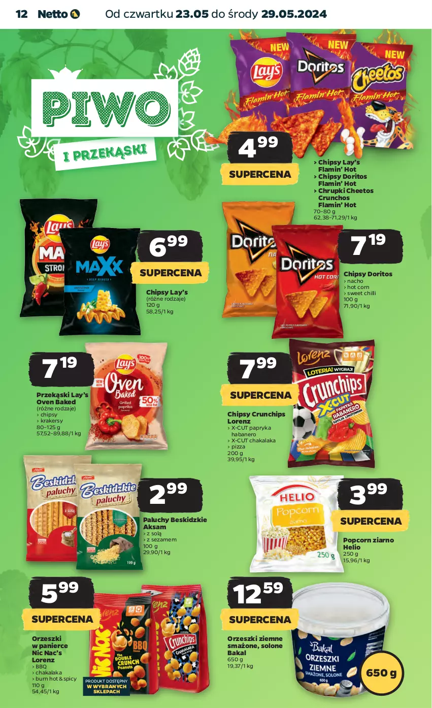 Gazetka promocyjna Netto - Artykuły spożywcze - ważna 23.05 do 29.05.2024 - strona 12 - produkty: Aksam, Beskidzki, Cheetos, Chipsy, Chrupki, Crunchips, Helio, Krakersy, Lay’s, Lorenz, Orzeszki, Orzeszki ziemne, Papryka, Piwo, Pizza, Popcorn, Sezam