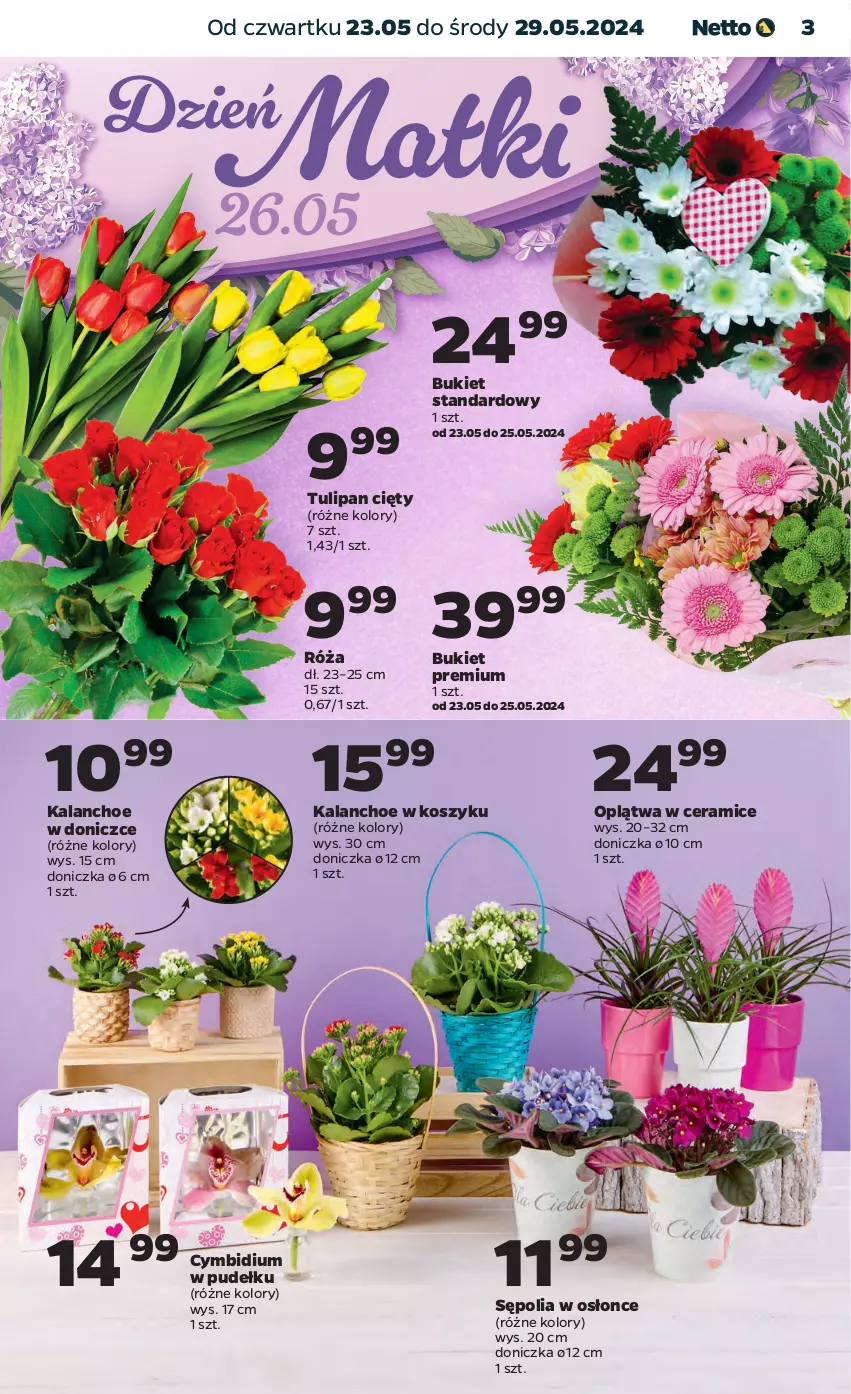 Gazetka promocyjna Netto - Artykuły spożywcze - ważna 23.05 do 29.05.2024 - strona 3 - produkty: Bukiet, Kalanchoe, Kosz, Róża, Sępolia, Tulipan