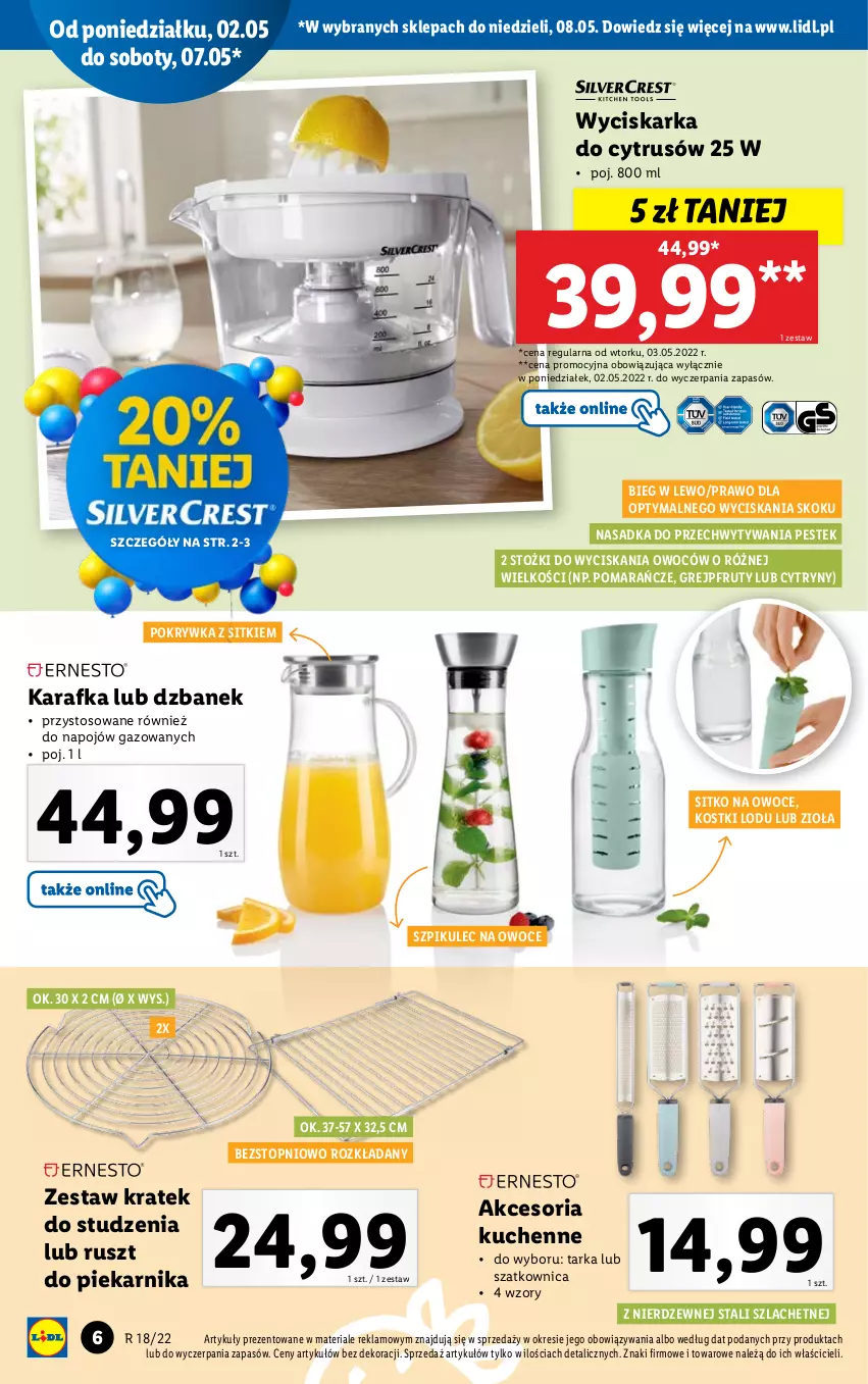 Gazetka promocyjna Lidl - GAZETKA - ważna 02.05 do 08.05.2022 - strona 6 - produkty: Cytryny, Dzbanek, Grejpfrut, Karafka, Owoce, Piekarnik, Pomarańcze, Sitko, Stek, Szatkownica, Tarka, Top, Wyciskarka