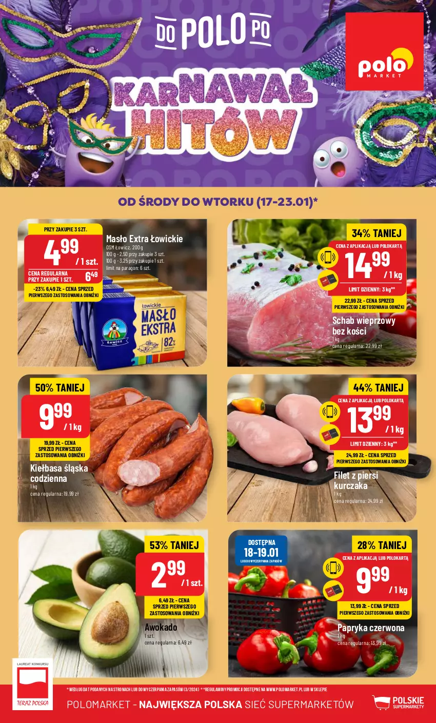 Gazetka promocyjna PoloMarket - Gazetka pomocyjna - ważna 17.01 do 23.01.2024 - strona 1 - produkty: Filet z piersi kurczaka, Kiełbasa, Kiełbasa śląska, Kurczak, Masło, Papryka, Papryka czerwona, Schab wieprzowy