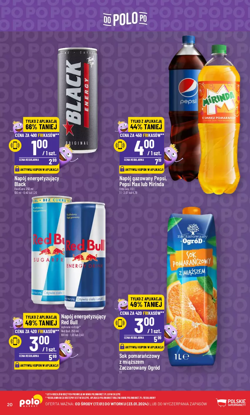 Gazetka promocyjna PoloMarket - Gazetka pomocyjna - ważna 17.01 do 23.01.2024 - strona 20 - produkty: Lack, Mirinda, Napój, Napój gazowany, Ogród, Pepsi, Pepsi max, Red Bull, Sok, Sok pomarańczowy