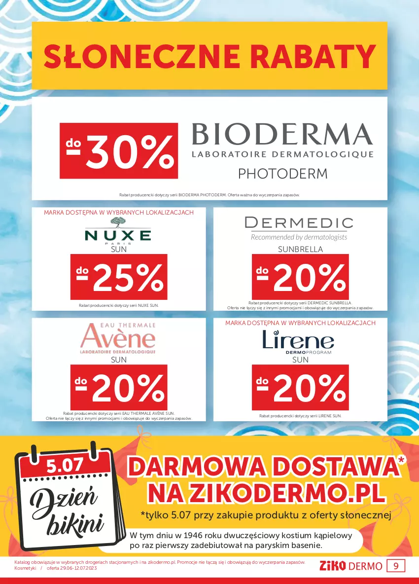 Gazetka promocyjna Ziko - Gazetka Ziko Dermo - ważna 29.06 do 12.07.2023 - strona 9 - produkty: Avène, Bikini, Bioderma, Dermedic, Kostium, Lirene, Nuxe, Ser