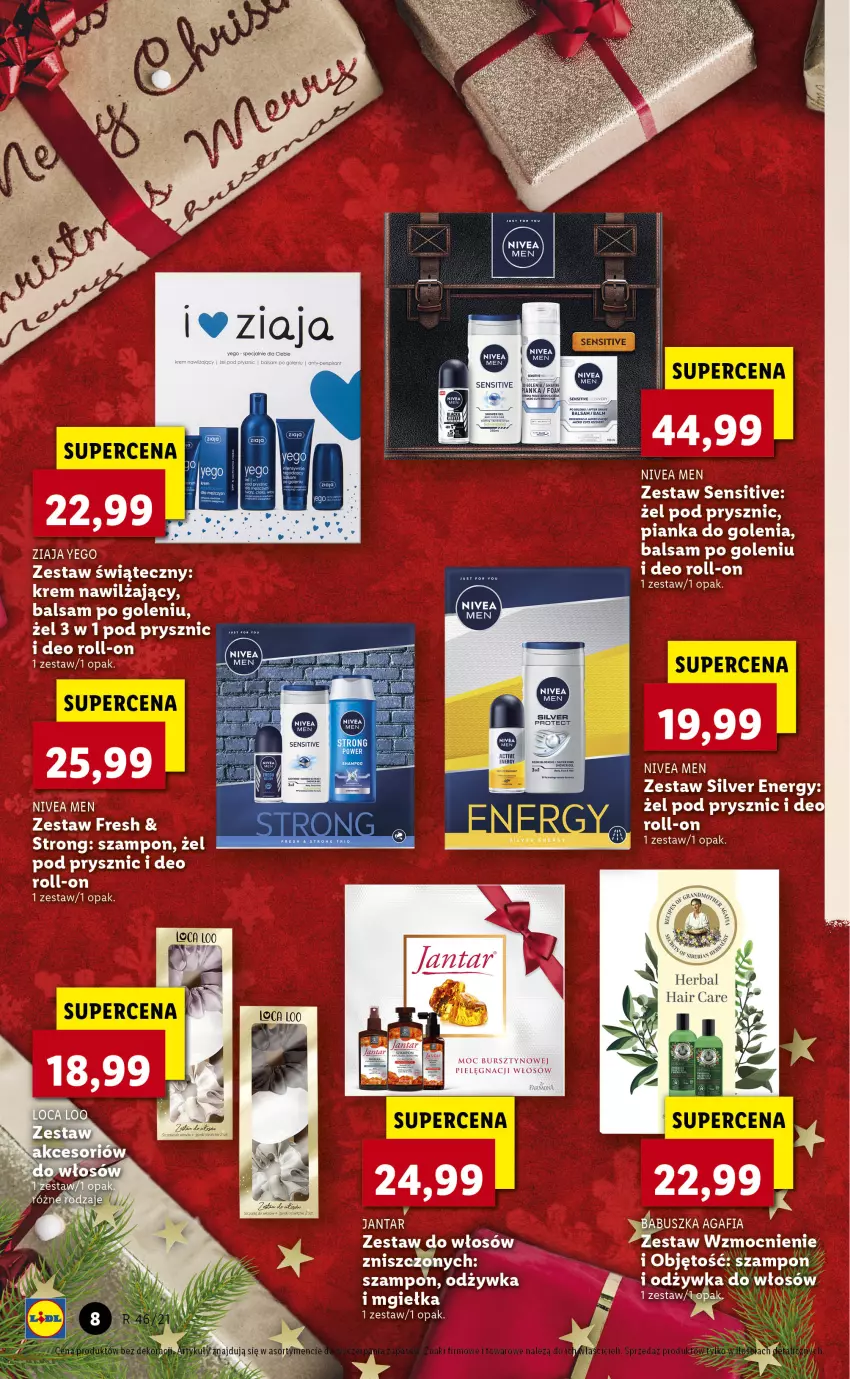 Gazetka promocyjna Lidl - KATALOG ŚWIĄTECZNY Z KOSMETYKAMI - ważna 25.11 do 24.12.2021 - strona 8 - produkty: Balsam po goleniu, Bursztyn, Krem nawilżający, Nivea, Nivea Men, Odżywka, Pianka do golenia, Szampon, Ziaja