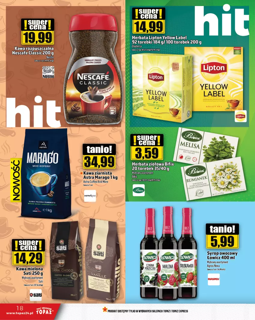 Gazetka promocyjna Topaz - Gazetka - ważna 31.05 do 05.06.2024 - strona 18 - produkty: Herbata, Kawa, Kawa rozpuszczalna, Lipton, Syrop, Top