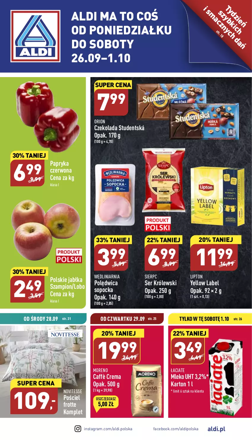 Gazetka promocyjna Aldi - Pełny katalog - ważna 26.09 do 01.10.2022 - strona 1 - produkty: Czekolada, Fa, Gra, Jabłka, Kołdra, Królewski, Lipton, Mleko, Papryka, Papryka czerwona, Poduszka, Polędwica, Pościel, Ser, Szampion