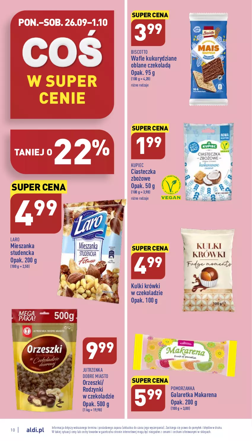 Gazetka promocyjna Aldi - Pełny katalog - ważna 26.09 do 01.10.2022 - strona 10 - produkty: Gala, Galaretka, Jutrzenka, Kupiec, Mieszanka studencka, Orzeszki, Piec, Rodzynki, Wafle