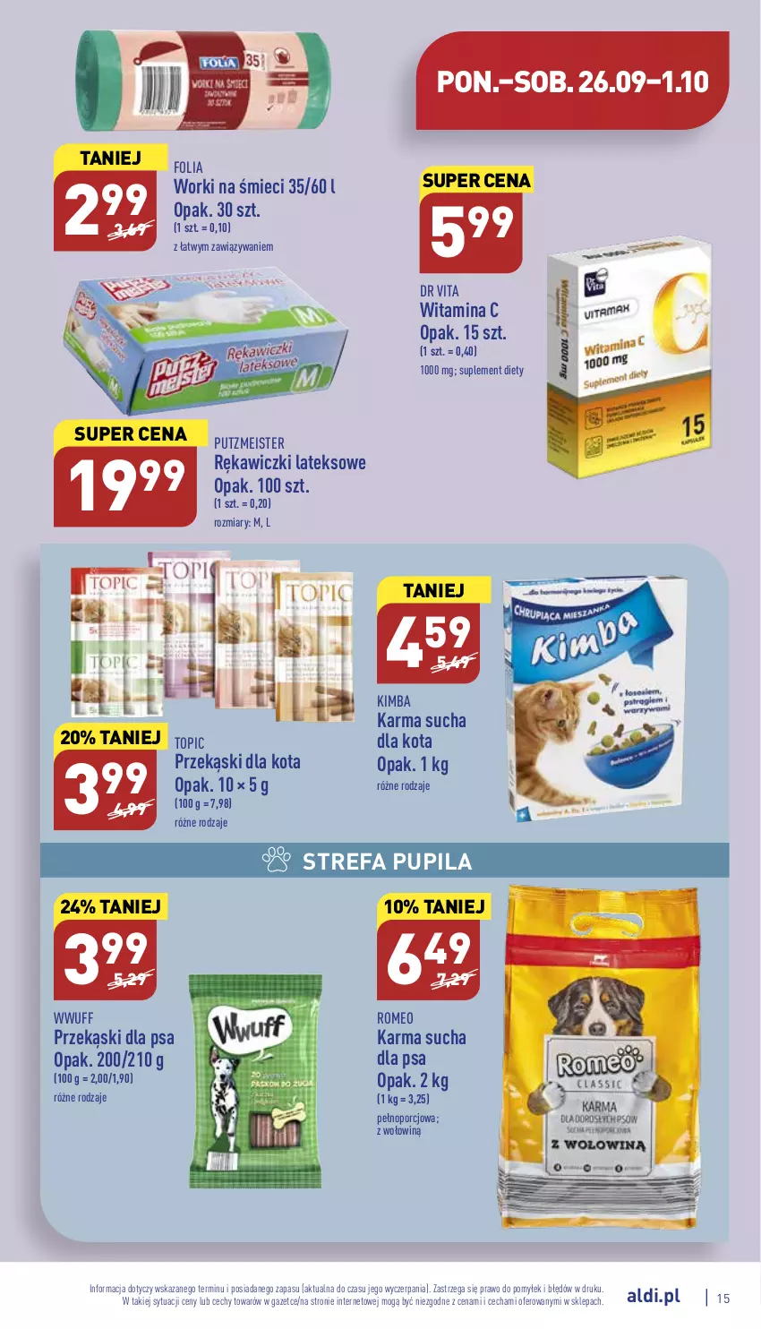 Gazetka promocyjna Aldi - Pełny katalog - ważna 26.09 do 01.10.2022 - strona 15 - produkty: Dr Vita, Fa, Por, Przekąski dla kota, Przekąski dla psa, Putzmeister, Suplement diety, Top, Worki na śmiec, Worki na śmieci