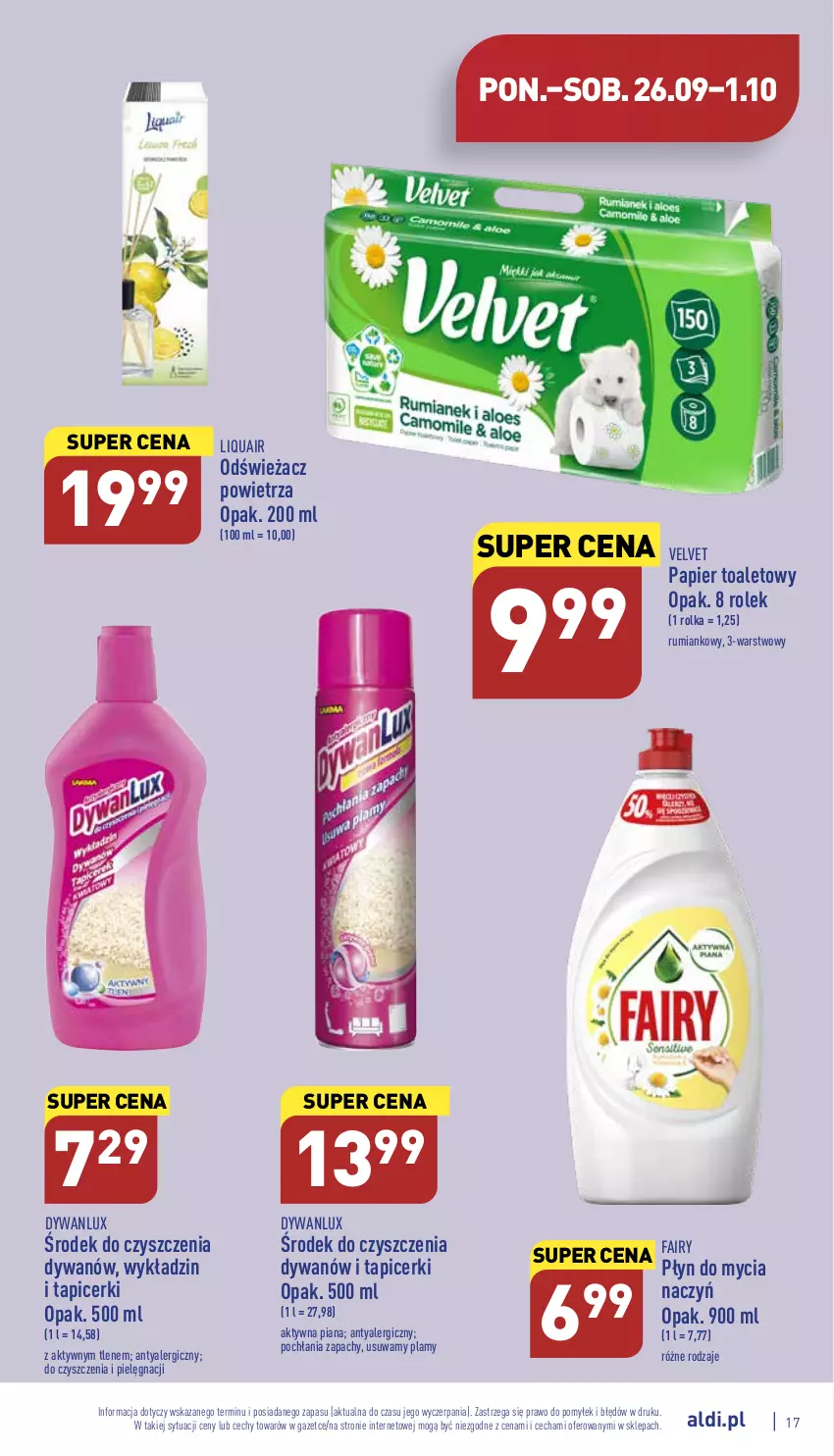 Gazetka promocyjna Aldi - Pełny katalog - ważna 26.09 do 01.10.2022 - strona 17 - produkty: Do mycia naczyń, Dywan, Fa, Fairy, Odświeżacz powietrza, Papier, Papier toaletowy, Płyn do mycia, Płyn do mycia naczyń, Rum, Velvet