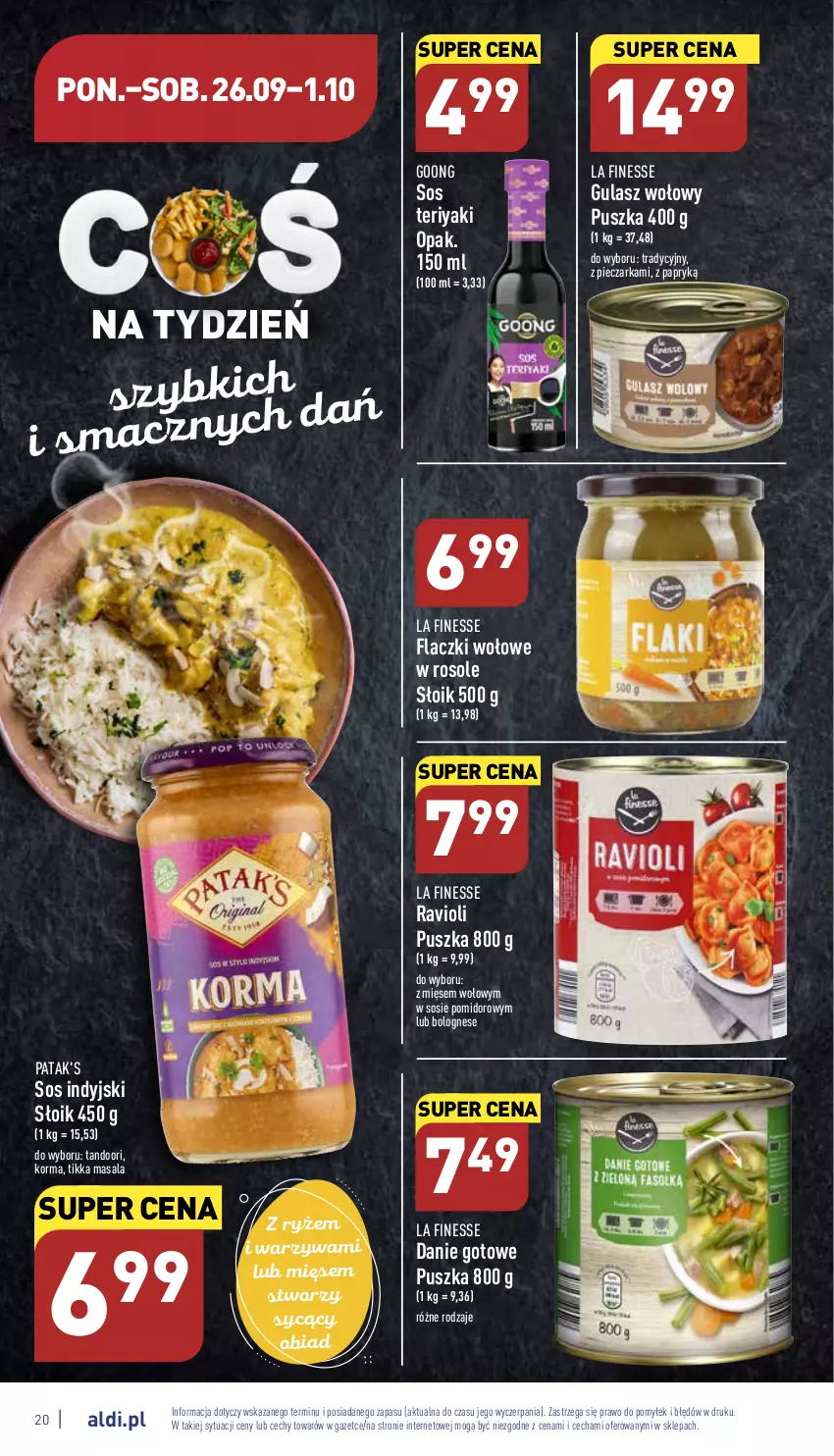 Gazetka promocyjna Aldi - Pełny katalog - ważna 26.09 do 01.10.2022 - strona 20 - produkty: Danie gotowe, Flaczki wołowe, Gulasz wołowy, Patak's, Piec, Pieczarka, Ryż, Sos, Warzywa