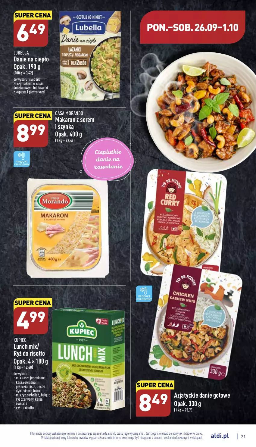 Gazetka promocyjna Aldi - Pełny katalog - ważna 26.09 do 01.10.2022 - strona 21 - produkty: Bell, Bella, Bulgur, Danie gotowe, Kapustą, Kasza, Kasza jęczmienna, Kupiec, LG, Lubella, Makaron, Pestki dyni, Piec, Pieczarka, Ryż, Ryż do risotto, Ryż parboiled, Ser, Sos, Szpinak