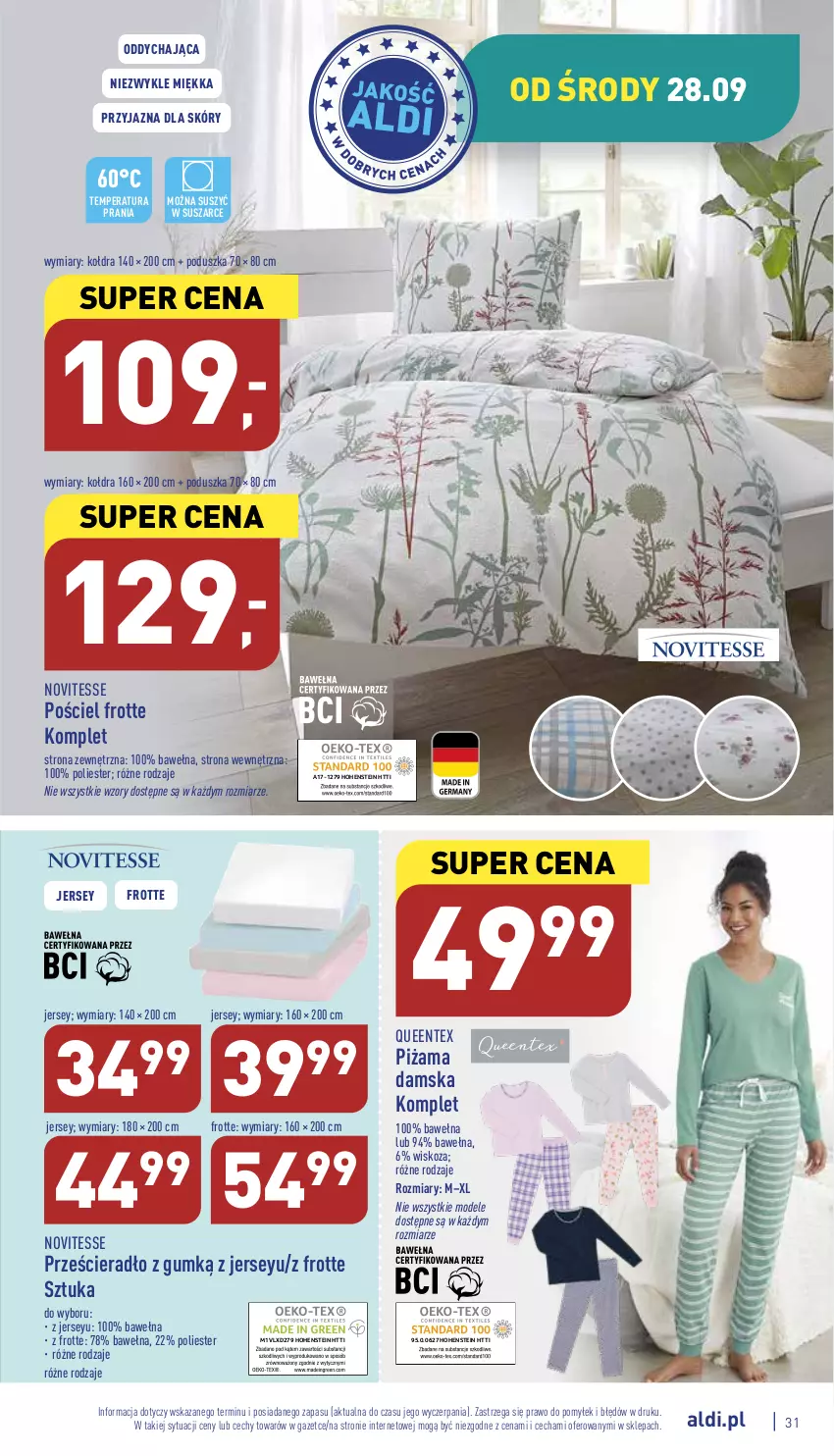 Gazetka promocyjna Aldi - Pełny katalog - ważna 26.09 do 01.10.2022 - strona 31 - produkty: Kołdra, Piżama, Poduszka, Pościel, Prześcieradło, Queentex, Wełna