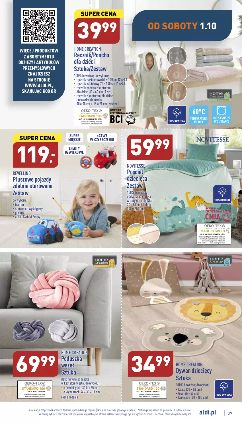 Gazetka promocyjna Aldi - Pełny katalog - ważna 26.09 do 01.10.2022 - strona 39 - produkty: Dywan, Dzieci, Kołdra, Poduszka, Pojazd, Pościel, Ręcznik, Ręcznik kąpielowy, Samochód, Traktor, Wełna