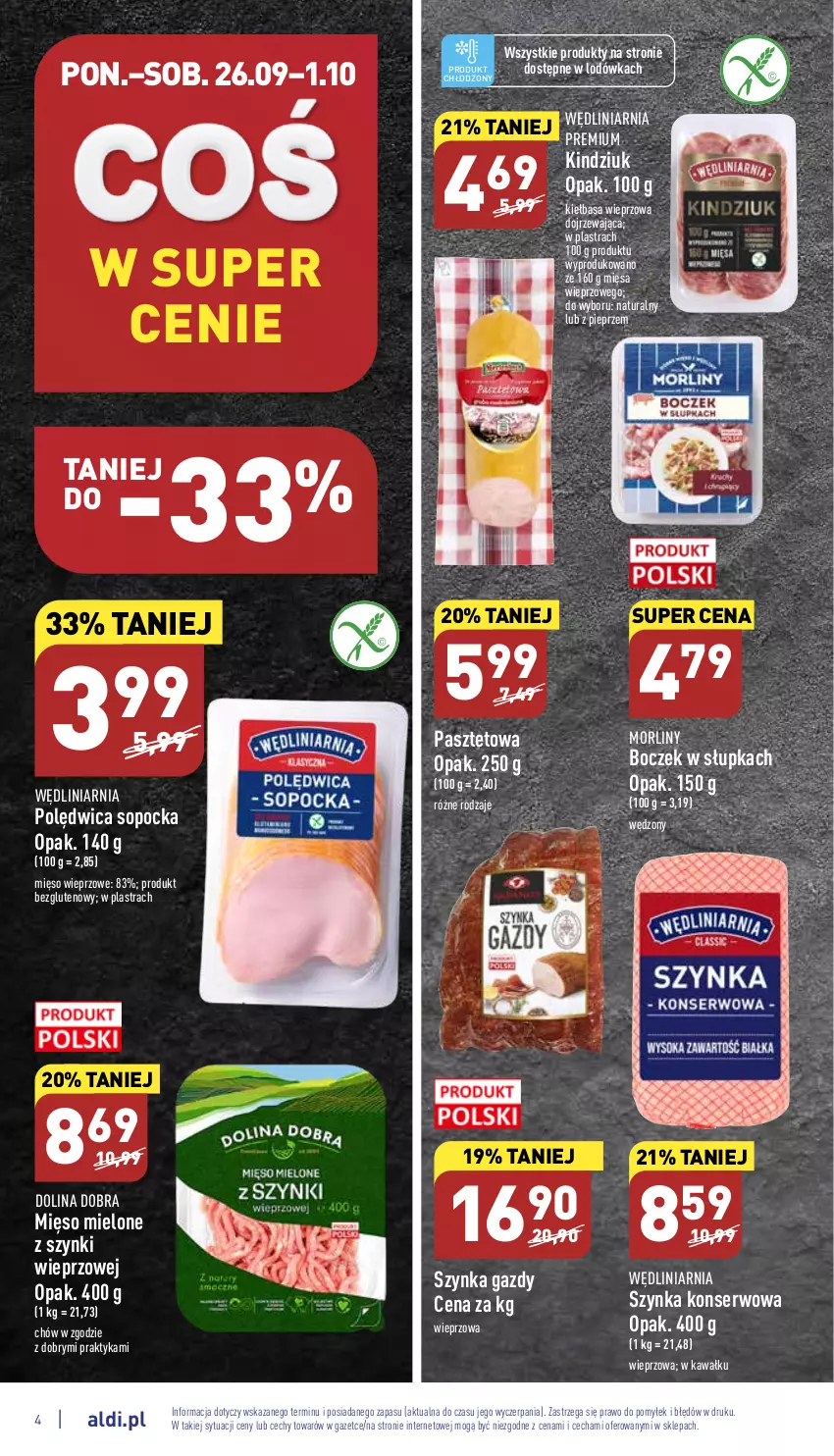 Gazetka promocyjna Aldi - Pełny katalog - ważna 26.09 do 01.10.2022 - strona 4 - produkty: Boczek, Kawa, Kiełbasa, Kindziuk, Lodówka, Mięso, Mięso mielone, Mięso mielone z szynki, Mięso wieprzowe, Morliny, Pasztet, Pieprz, Polędwica, Ser, Szynka, Szynka konserwowa