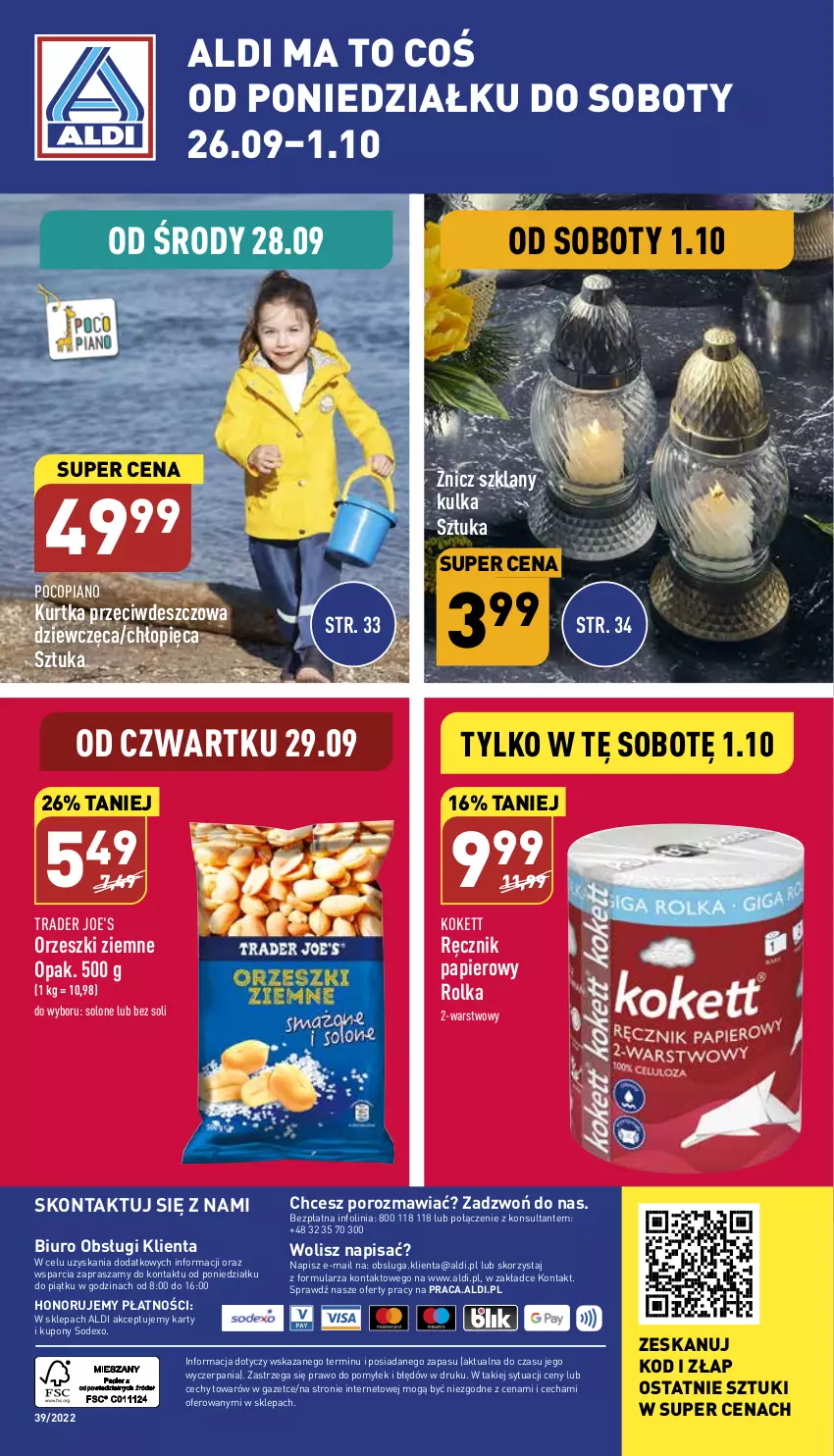 Gazetka promocyjna Aldi - Pełny katalog - ważna 26.09 do 01.10.2022 - strona 40 - produkty: Biuro, Kurtka, O nas, Orzeszki, Orzeszki ziemne, Papier, Pocopiano, Por, Ręcznik, Znicz