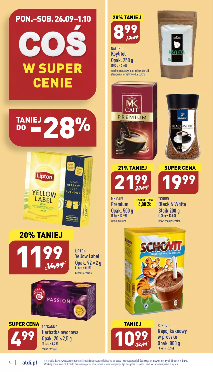 Gazetka promocyjna Aldi - Pełny katalog - ważna 26.09 do 01.10.2022 - strona 8 - produkty: Cukier, Herbata, Herbata czarna, Kakao, Kawa, Kawa mielona, Kawa rozpuszczalna, Ksylitol, Lack, Lipton, Napój, Tchibo, Teekanne