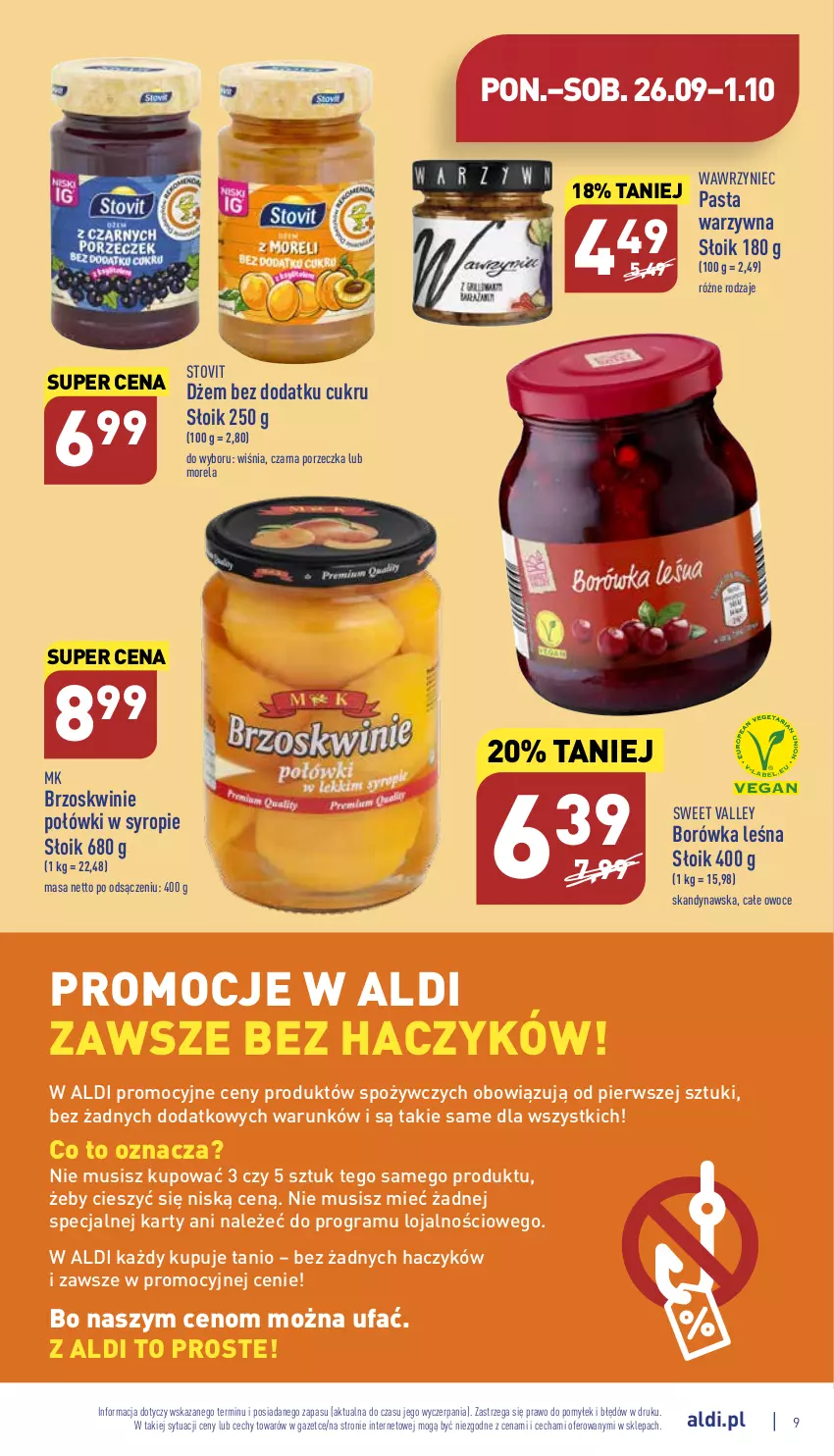 Gazetka promocyjna Aldi - Pełny katalog - ważna 26.09 do 01.10.2022 - strona 9 - produkty: Borówka, Brzoskwinie, Dżem, Fa, Gra, Haczyk, Morela, Mus, O nas, Owoce, Por, Syrop