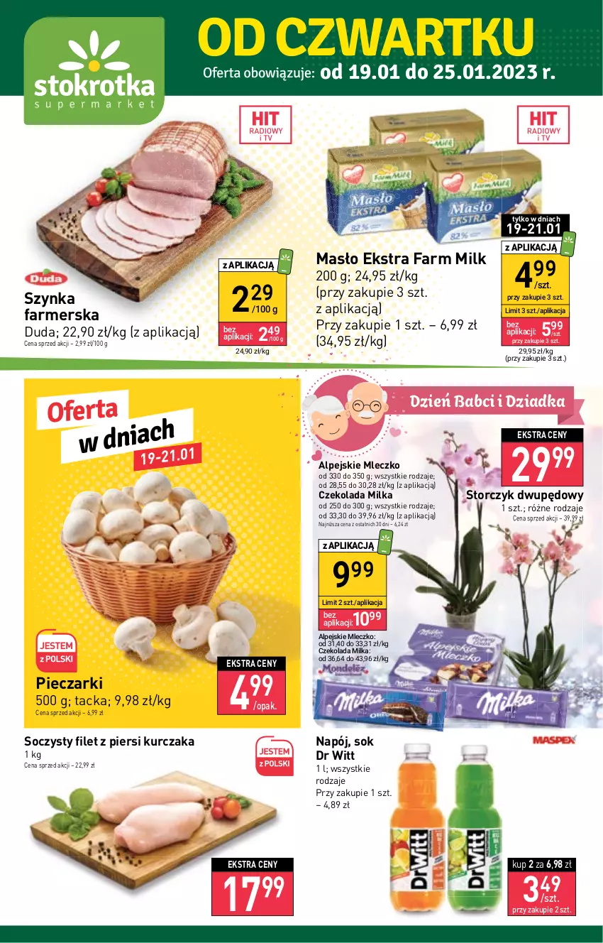 Gazetka promocyjna Stokrotka - Supermarket - ważna 19.01 do 25.01.2023 - strona 1 - produkty: Czekolada, Duda, Fa, Farm Milk, Filet z piersi kurczaka, Kurczak, Masło, Milka, Mleczko, Napój, Piec, Sok, Storczyk, Szynka, Szynka farmerska