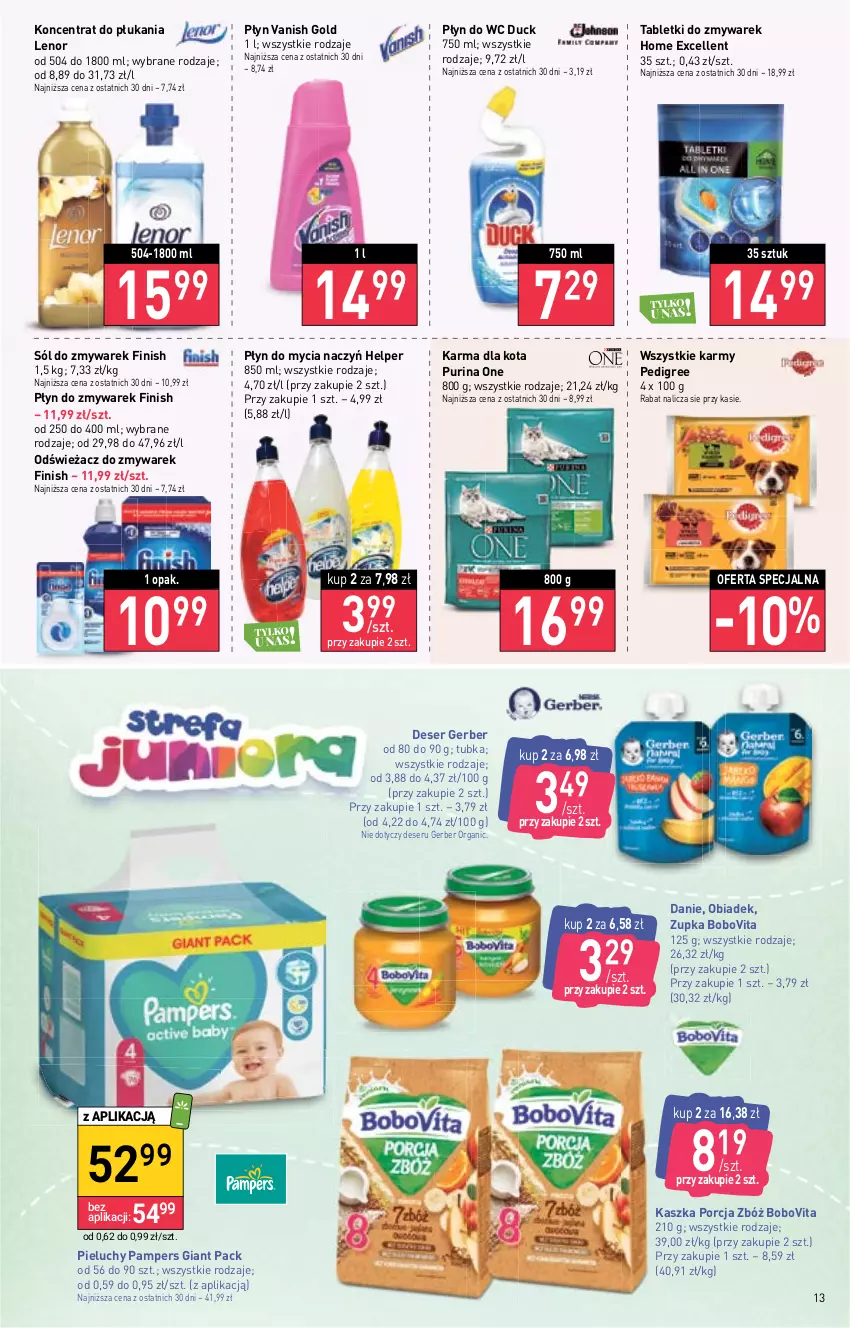 Gazetka promocyjna Stokrotka - Supermarket - ważna 19.01 do 25.01.2023 - strona 13 - produkty: BoboVita, Deser, Do mycia naczyń, Duck, Finish, Gerber, Lenor, Pampers, Pedigree, Pieluchy, Płyn do mycia, Płyn do mycia naczyń, Płyn do wc, Por, Pur, Purina, Ser, Sól, Tablet, Vanish, Vanish Gold