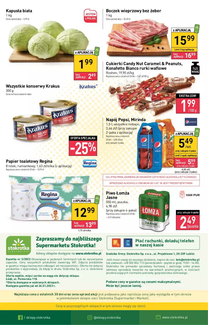 Gazetka promocyjna Stokrotka - Supermarket - ważna 19.01 do 25.01.2023 - strona 16 - produkty: Boczek, Boczek wieprzowy, Candy, Cukier, Cukierki, Dres, Gin, Gra, JBL, Krakus, Mirinda, Napój, O nas, Papier, Papier toaletowy, Pepsi, Piwa, Piwo, Rum, Rurki, Ser, Telefon, Wagi