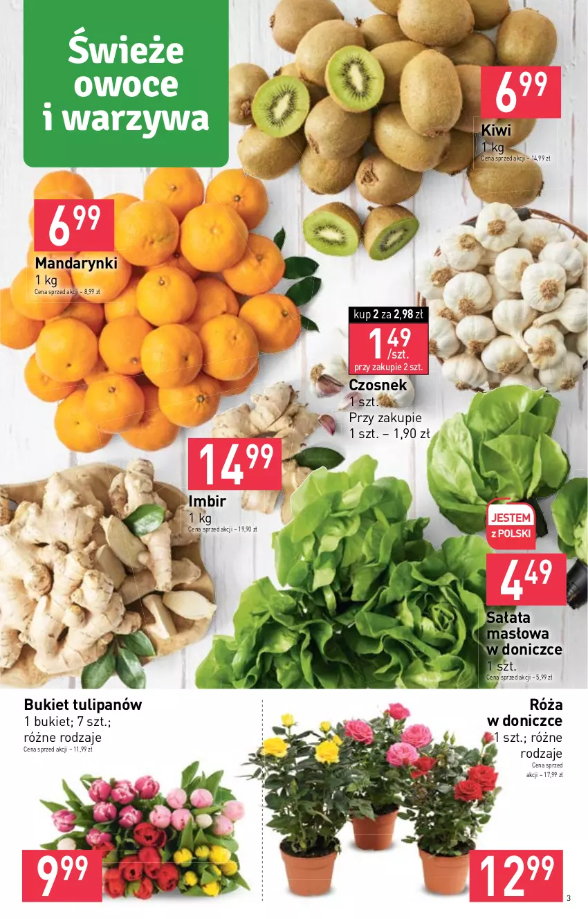 Gazetka promocyjna Stokrotka - Supermarket - ważna 19.01 do 25.01.2023 - strona 3 - produkty: Bukiet, Czosnek, Imbir, Kiwi, Mandarynki, Masło, Owoce, Róża, Sałat, Sałata masłowa, Tulipan, Warzywa