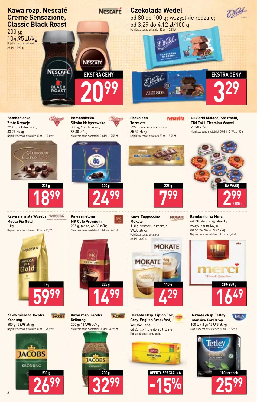 Gazetka promocyjna Stokrotka - Supermarket - ważna 19.01 do 25.01.2023 - strona 8 - produkty: Cappuccino, Cukier, Cukierki, Czekolada, Earl Grey, Fa, Herbata, Jacobs, Jacobs Krönung, Kawa, Kawa mielona, Kawa ziarnista, Lack, Lipton, Merci, Mocca Fix Gold, Nescafé, Tetley, Torba, Wawel, Woseba