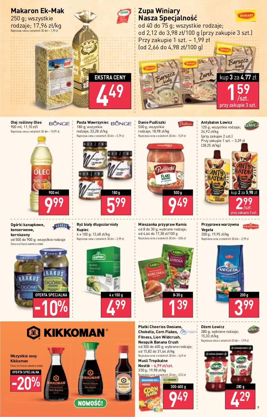 Gazetka promocyjna Stokrotka - Supermarket - ważna 19.01 do 25.01.2023 - strona 9 - produkty: Baton, Cheerios, Corn flakes, Dżem, Kamis, Korniszony, Kupiec, Lion, Makaron, Mus, Nesquik, Nestlé, Olej, Olej roślinny, Oleo, Piec, Pudliszki, Ryż, Ryż biały, Ser, Sos, Vegeta, Winiary, Zupa