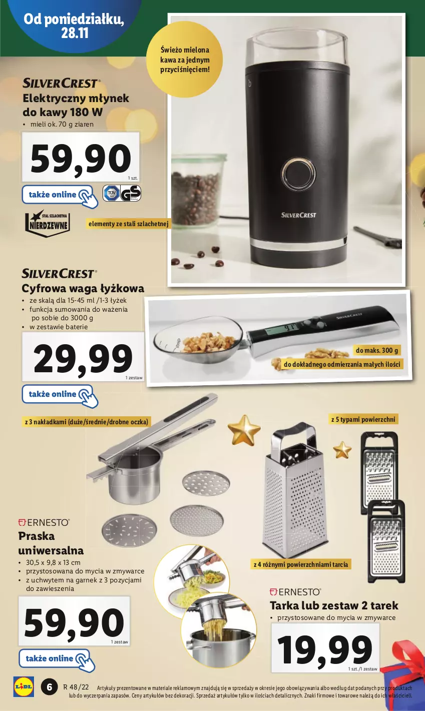 Gazetka promocyjna Lidl - GAZETKA - ważna 28.11 do 03.12.2022 - strona 6 - produkty: Garnek, Kawa, Młynek, Młynek do kawy, Praska, Tarka, Waga