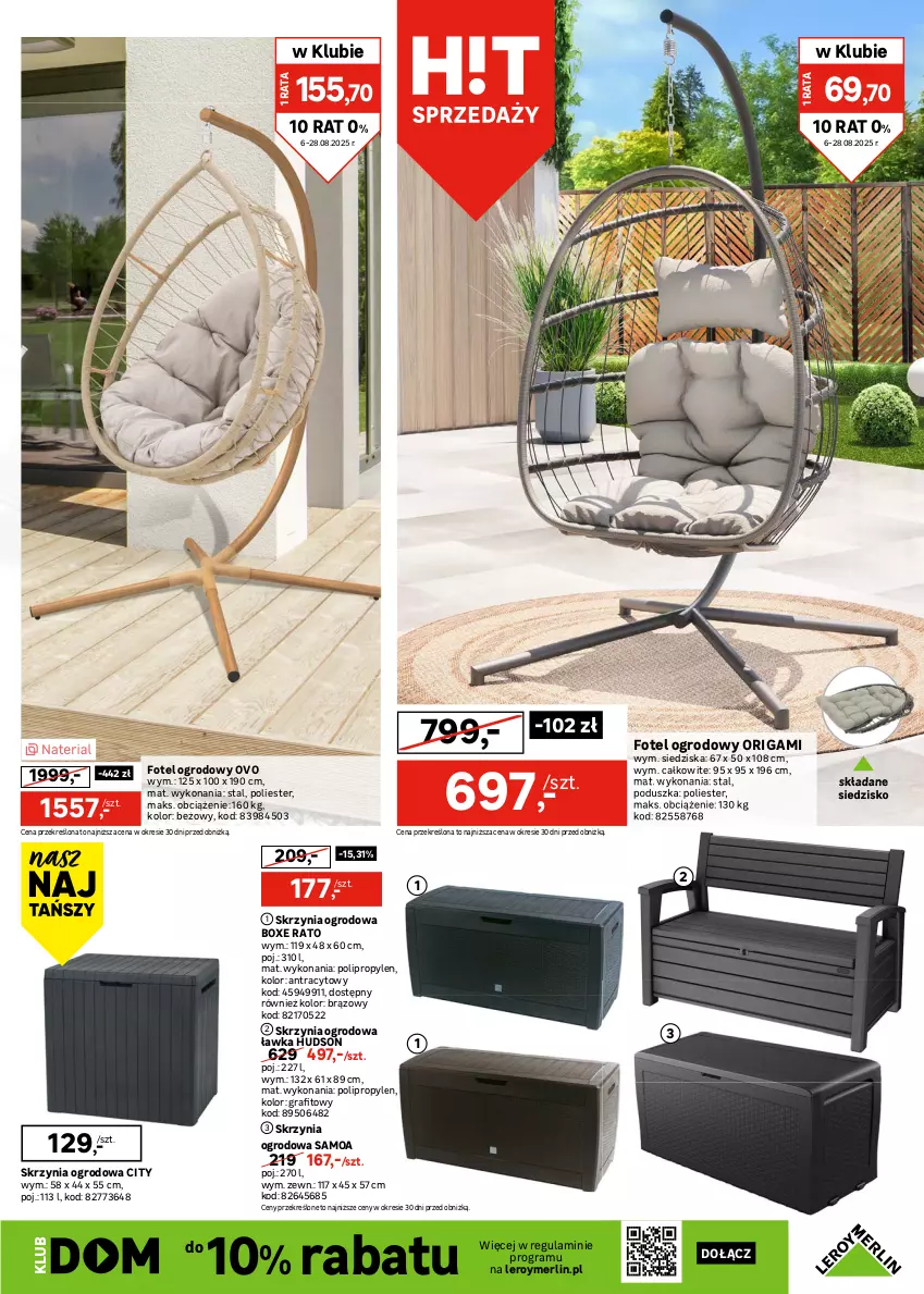 Gazetka promocyjna Leroy Merlin - Gazetka Leroy Merlin - ważna 06.08 do 28.08.2025 - strona 19 - produkty: Fa, Fotel, Gra, Huśtawka, Ogród, Poduszka, Puf, Siedzisko, Sofa, Stół, Stolik