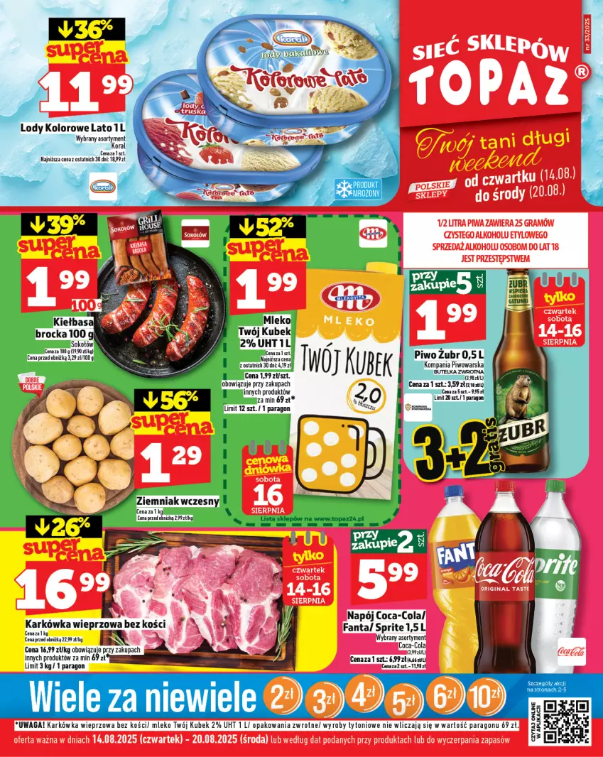 Gazetka promocyjna Topaz - Gazetka - ważna 14.08 do 20.08.2025 - strona 1 - produkty: Coca-Cola, Dada, Fa, Fanta, Karkówka wieprzowa, Lody, Napój, Sprite