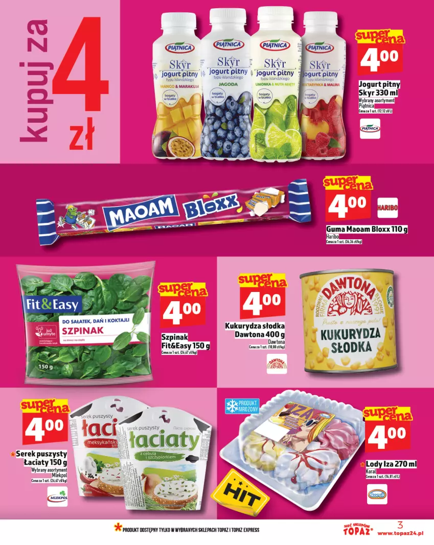 Gazetka promocyjna Topaz - Gazetka - ważna 14.08 do 20.08.2025 - strona 3 - produkty: Haribo, Isla, Jogurt, Jogurt pitny, Kukurydza, Lody, Piątnica, Top