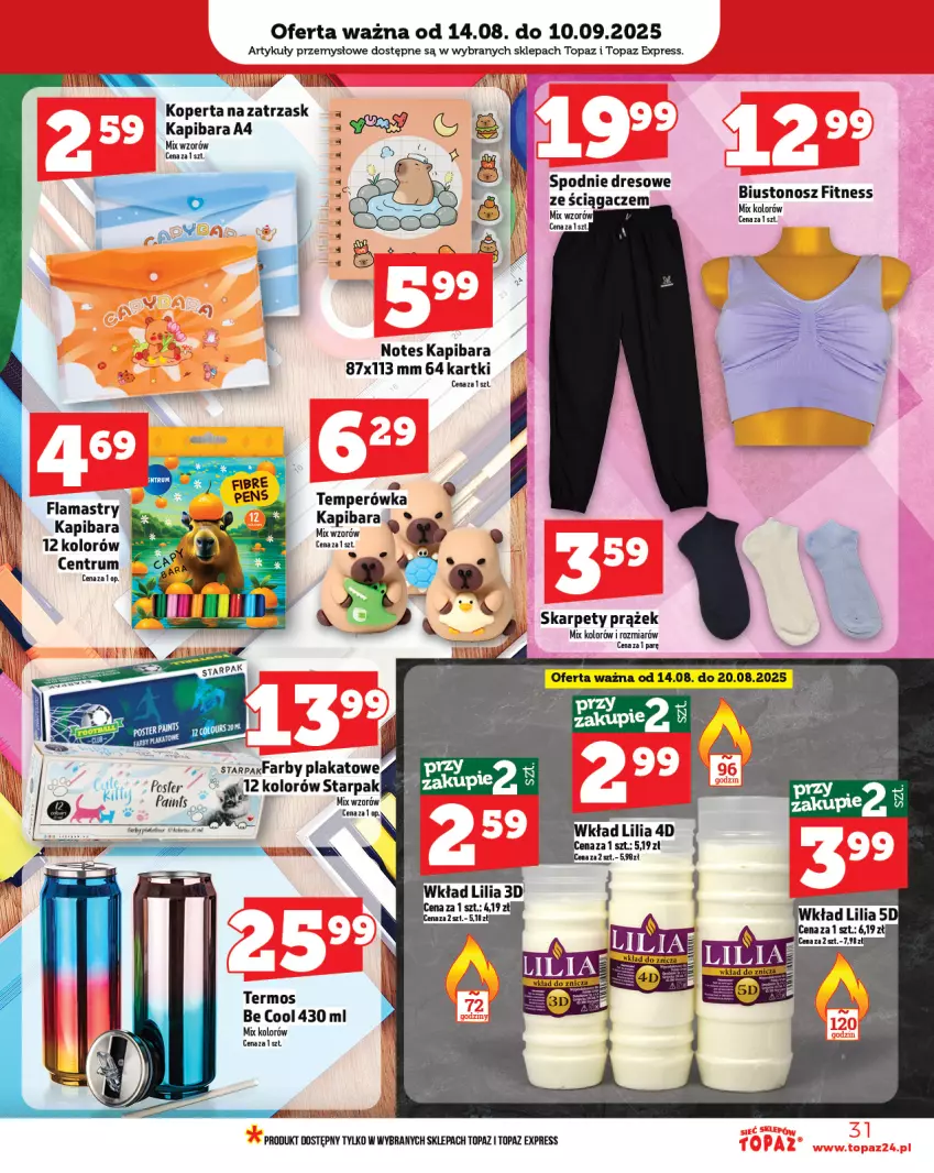 Gazetka promocyjna Topaz - Gazetka - ważna 14.08 do 20.08.2025 - strona 31 - produkty: Biustonosz, Dres, Fa, Flamastry, Karp, Pax, Rum, Spodnie, Termos, Top