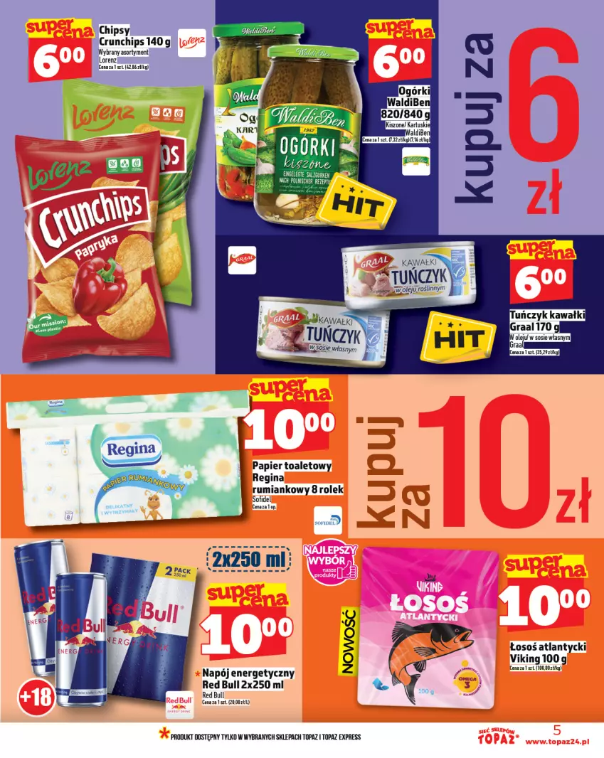 Gazetka promocyjna Topaz - Gazetka - ważna 14.08 do 20.08.2025 - strona 5 - produkty: Chipsy, Crunchips, Gin, Kawa, Lorenz, Napój, Napój energetyczny, Olej, Papier, Papier toaletowy, Red Bull, Rum, Top