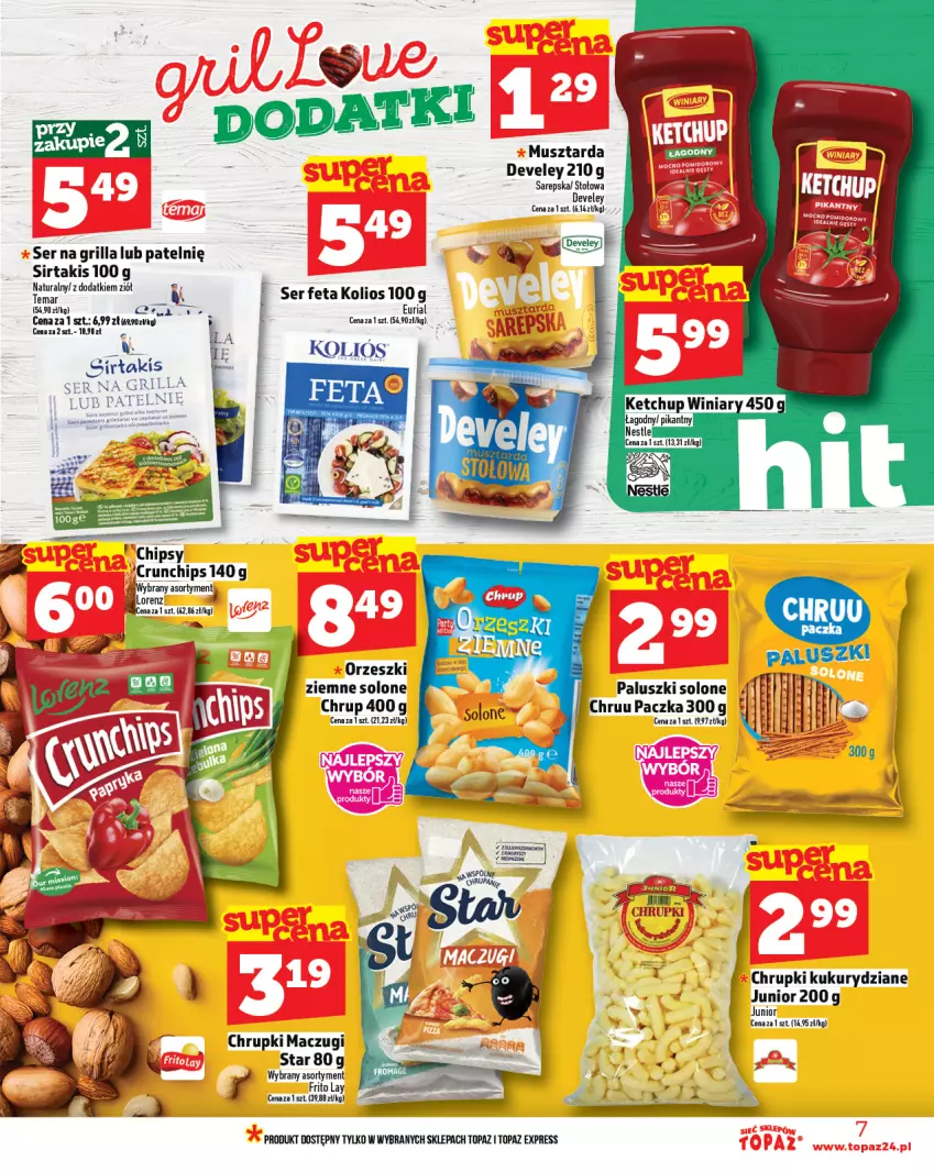 Gazetka promocyjna Topaz - Gazetka - ważna 14.08 do 20.08.2025 - strona 7 - produkty: Chipsy, Chrupki, Crunchips, Feta, Grill, Ketchup, Lorenz, Mus, Musztarda, Orzeszki, Orzeszki ziemne, Ser, Top, Winiary