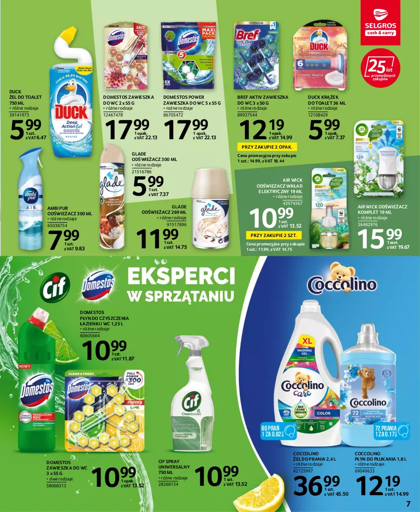 Gazetka promocyjna Selgros - Katalog Sprzątanie - ważna 25.08 do 07.09.2022 - strona 7 - produkty: Air Wick, Ambi Pur, Bref, Cif, Coccolino, Domestos, Duck, Płyn do płukania, Pur, Zawieszka do wc